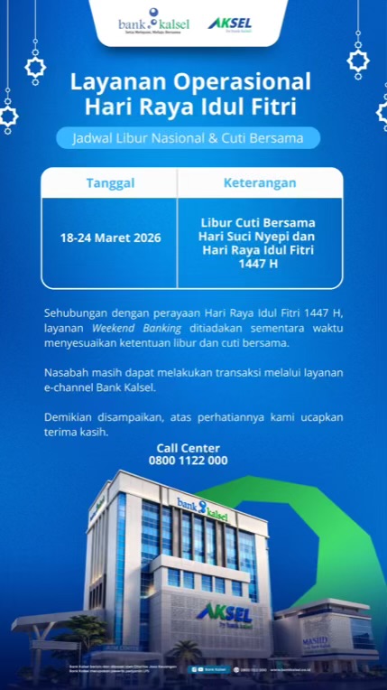 Catat! Layanan Bank Kalsel Libur 18–24 Maret, Transaksi Tetap Bisa via Digital