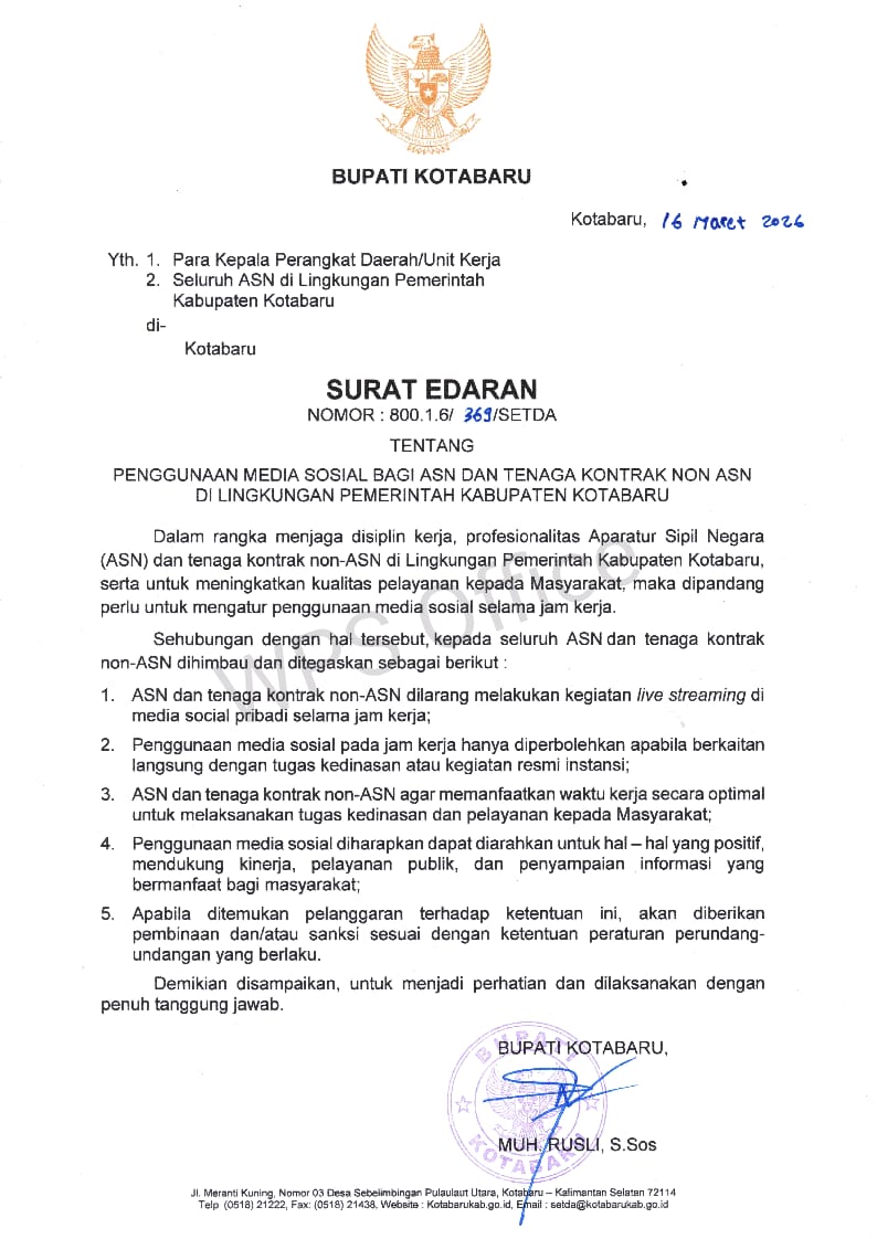 ASN Kotabaru Dilarang Live Wayah Jam Kerja! Ini Aturan Baru dari Bupati