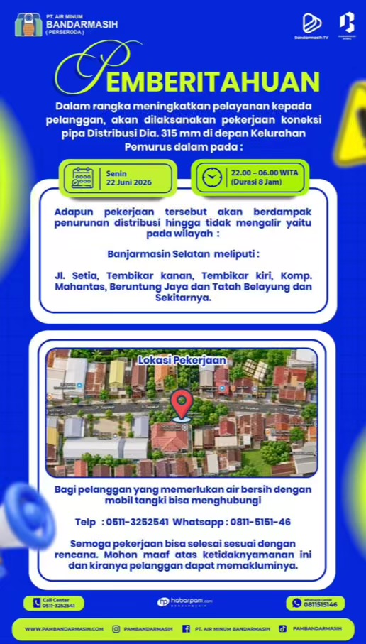 Catat! Banyu Berpotensi Mati di Sejumlah Kawasan Banjarmasin Selatan Malam Ini